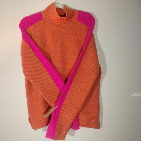 THML Sweaters - THML Vibrant Colorblock Mock-Neck Sweater in Orange & Pink